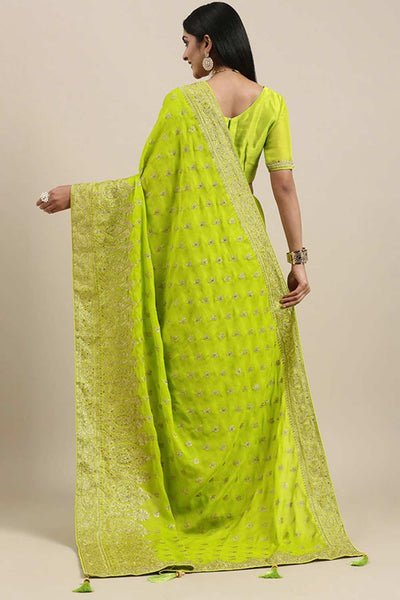 Cali Green Pure Chiffon Embroidered Embellished One Minute Saree