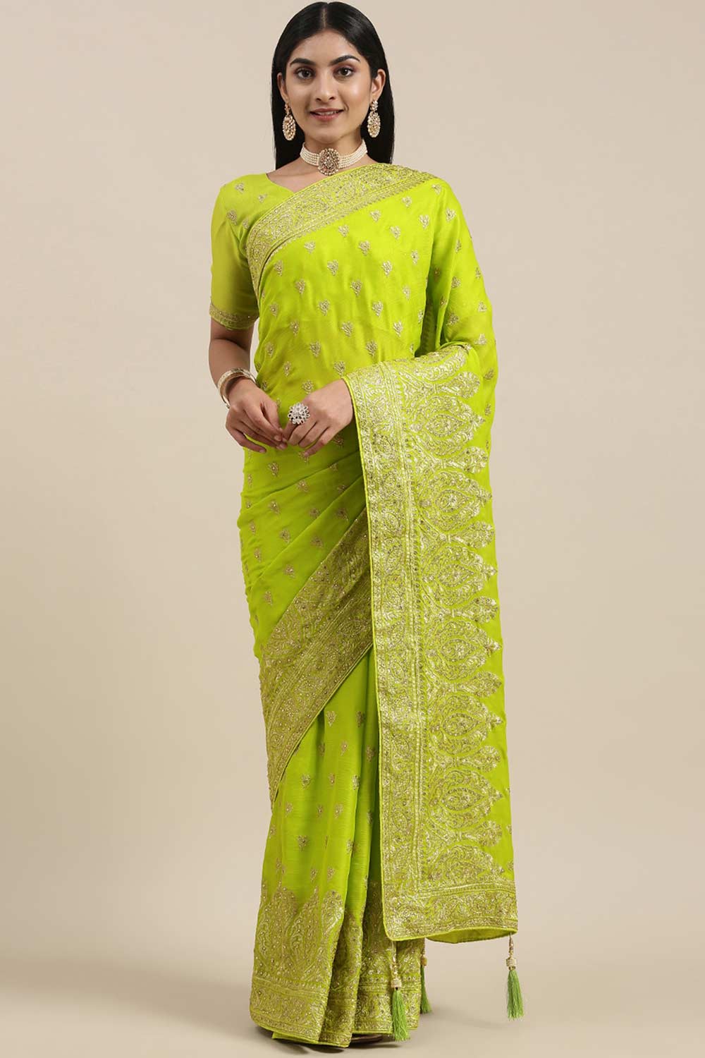 Cali Green Pure Chiffon Embroidered Embellished One Minute Saree