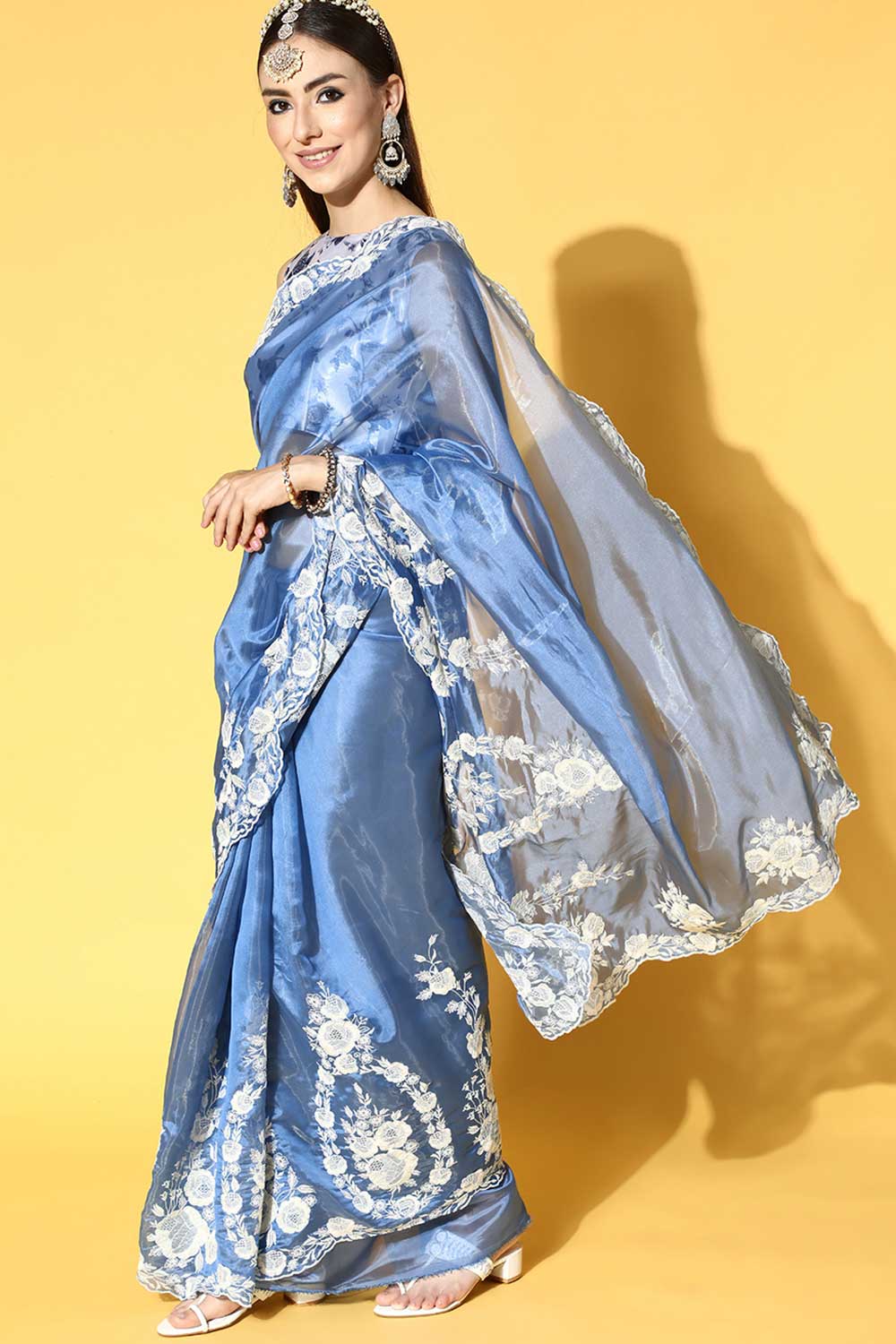 Buy Organza Embroidered Saree in Blue Paatern Design