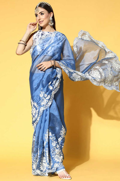 Buy Organza Embroidered Saree in Blue Online