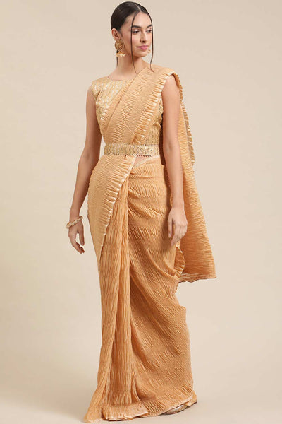 Buy Cream Polycotton Pleated One Minute Saree Online