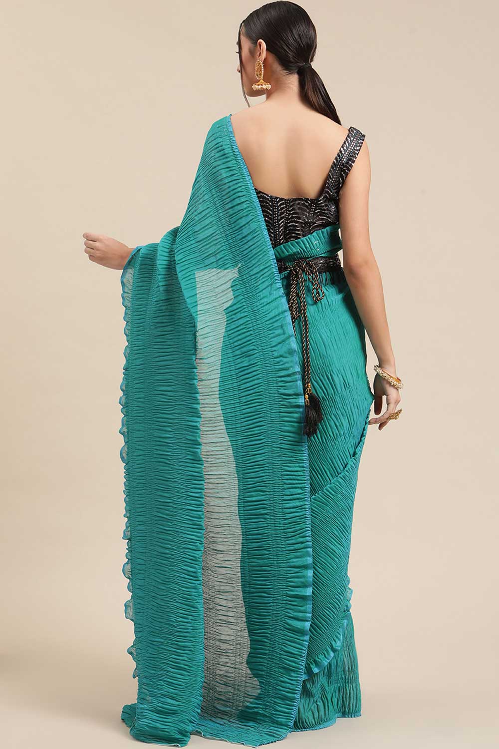 Buy Polycotton Solid Saree in Teal blue Online - Back