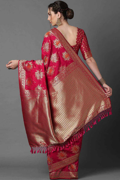 Buy Pink Zari Woven Blended Silk One Minute Saree Online - Back