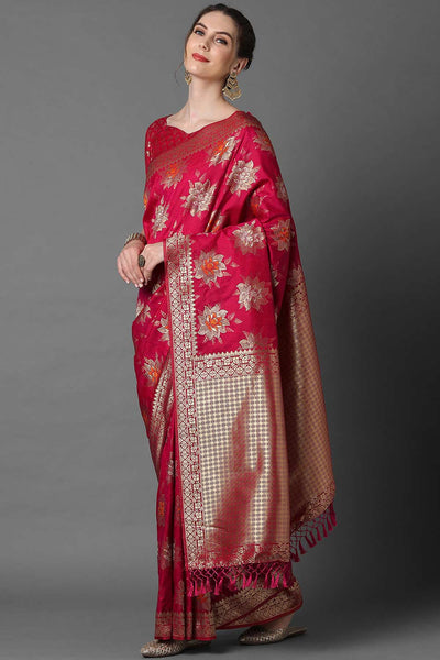 Buy Pink Zari Woven Blended Silk One Minute Saree Online - Side