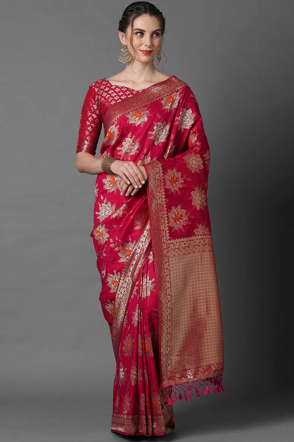 Buy Pink Zari Woven Blended Silk One Minute Saree Online