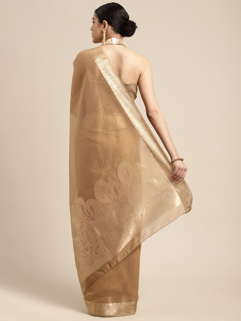 Briana Brown Linen Taant Solid Saree