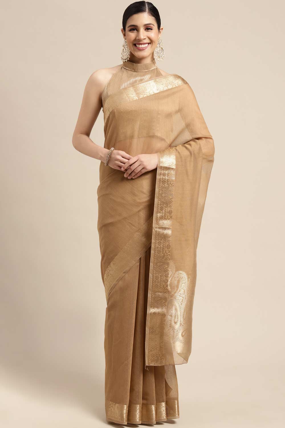 Briana Brown Linen Taant Solid Saree