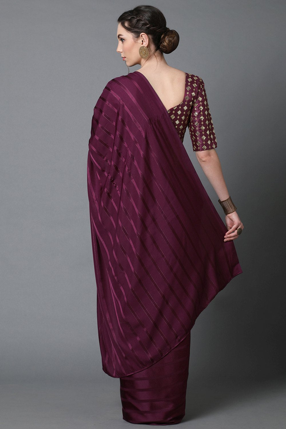 Buy Wine Solid Georgette One Minute Saree