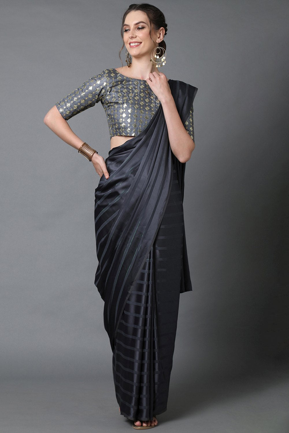 Buy Grey Solid Georgette One Minute Saree