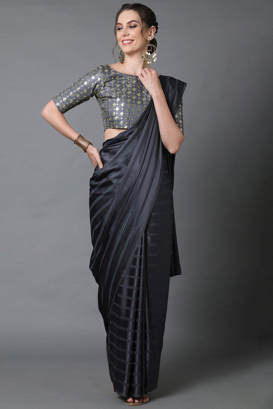 Buy Grey Solid Georgette One Minute Saree