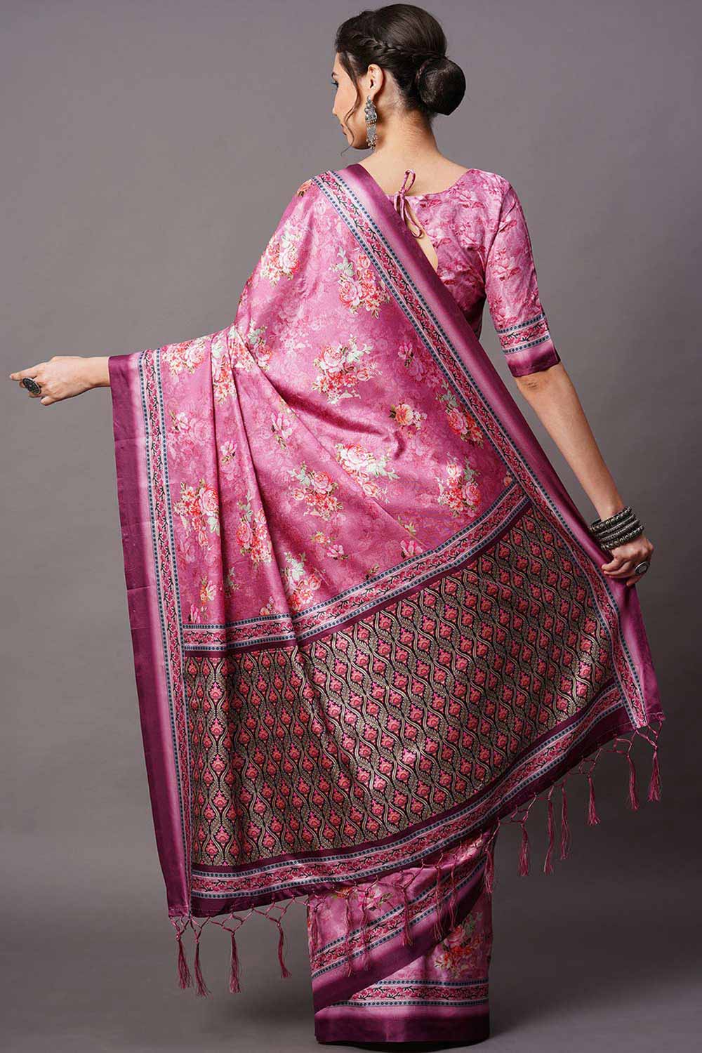 Buy Purple Floral Printed Dola Art Silk One Minute Saree Online - Back