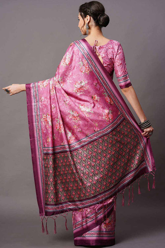 Buy Purple Floral Printed Dola Art Silk One Minute Saree Online - Back