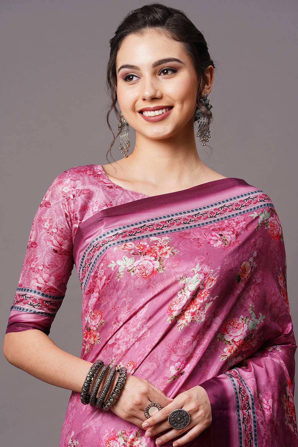 Buy Purple Floral Printed Dola Art Silk One Minute Saree Online - Front