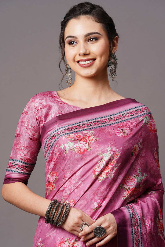 Buy Purple Floral Printed Dola Art Silk One Minute Saree Online - Front