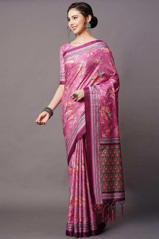 Buy Purple Floral Printed Dola Art Silk One Minute Saree Online - Side