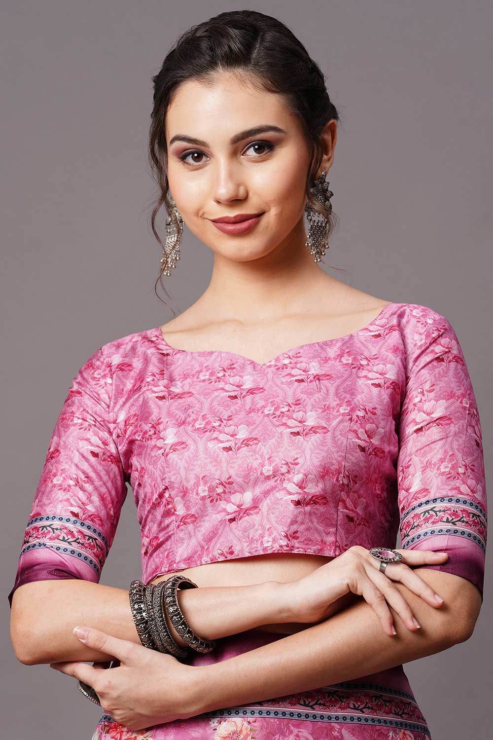 Buy Purple Floral Printed Dola Art Silk One Minute Saree Online - Zoom Out