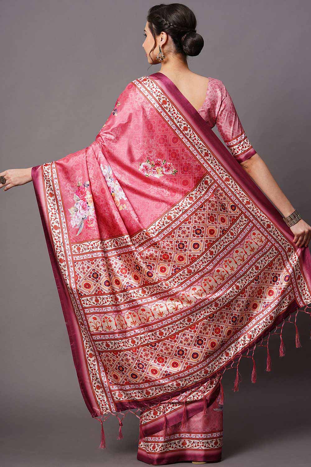 Buy Pink Floral Printed Dola Art Silk One Minute Saree Online - Back