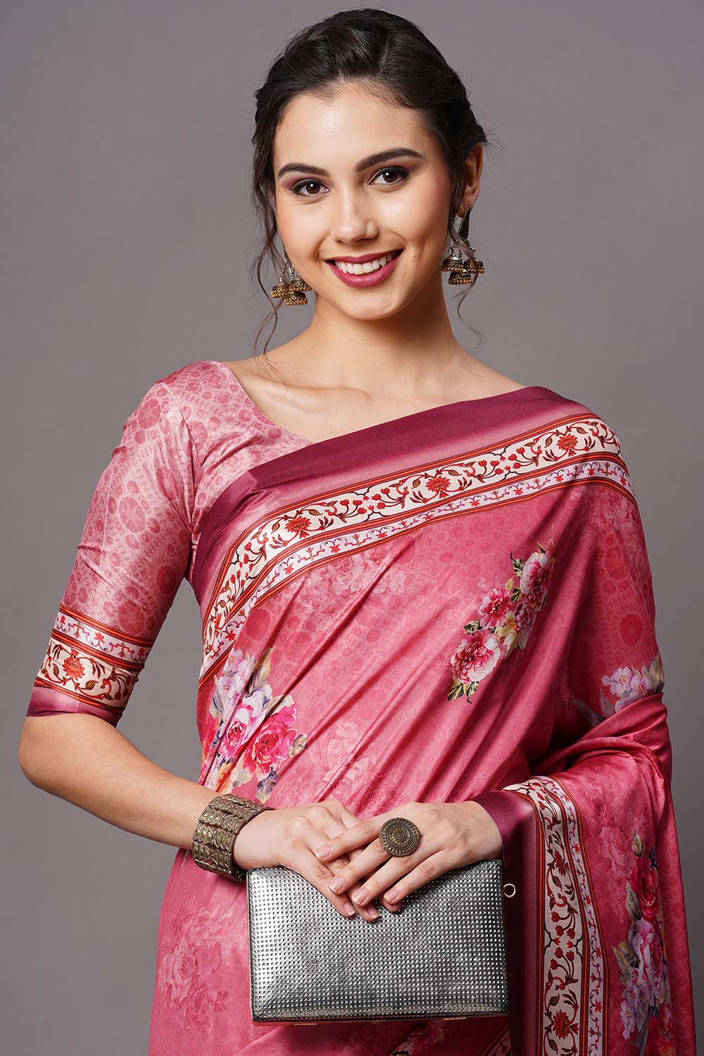 Buy Pink Floral Printed Dola Art Silk One Minute Saree Online - Front