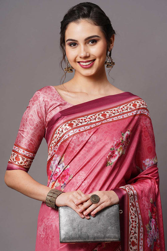 Buy Pink Floral Printed Dola Art Silk One Minute Saree Online - Front