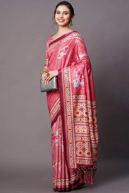 Buy Pink Floral Printed Dola Art Silk One Minute Saree Online - Side