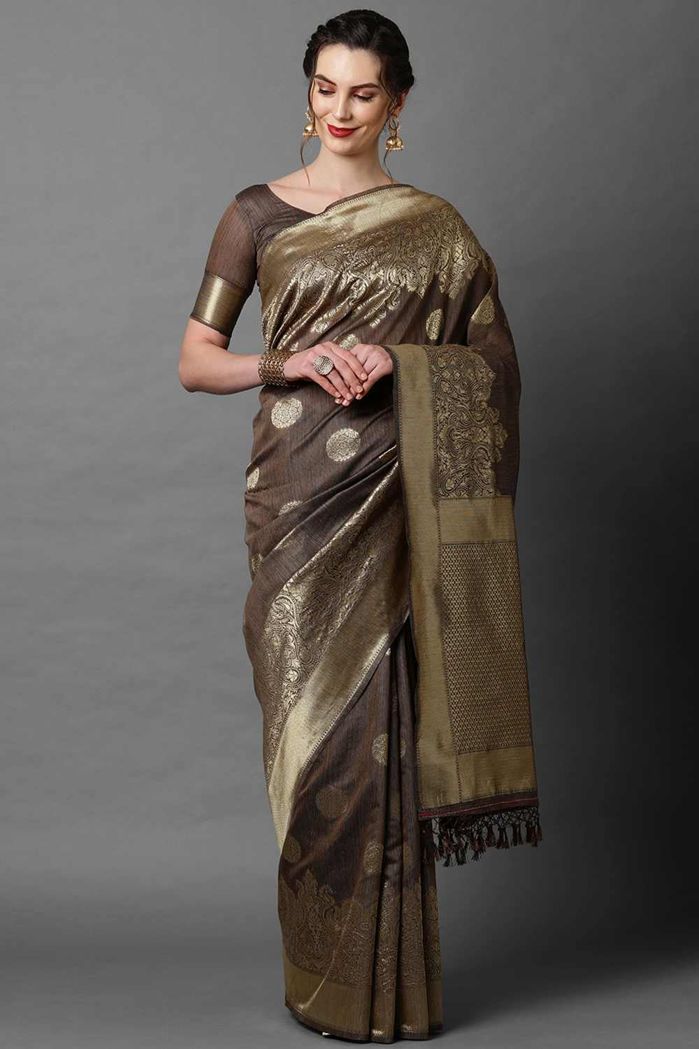 Buy Brown Woven Art Silk One Minute Saree