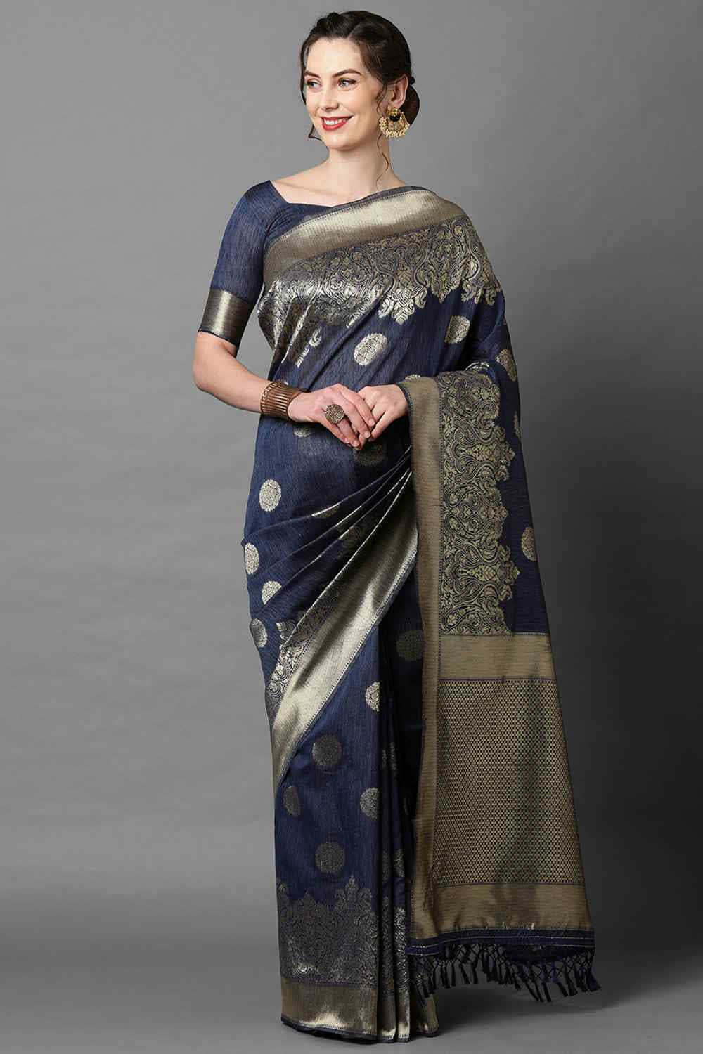 Buy Navy Blue Woven Art Silk One Minute Saree