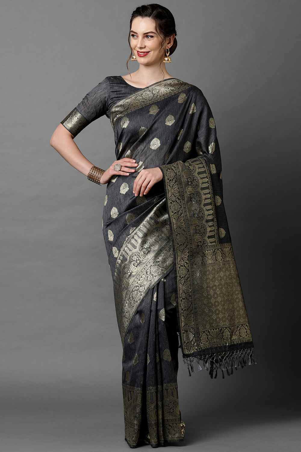 Buy Grey Woven Art Silk One Minute Saree