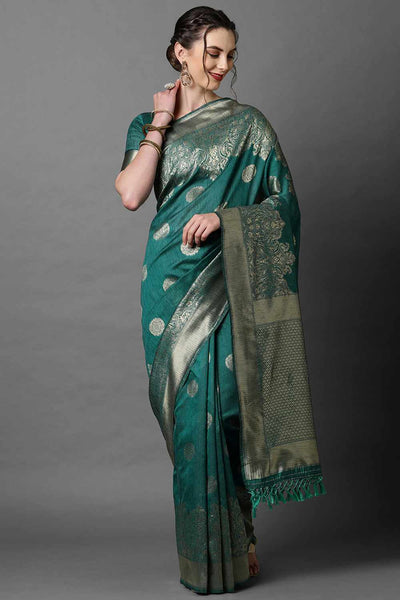 Buy Teal Blue Woven Art Silk One Minute Saree