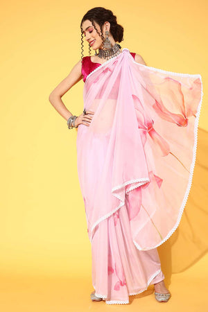 Joan Pink & Mauve Organza Floral Digital Print One Minute Saree