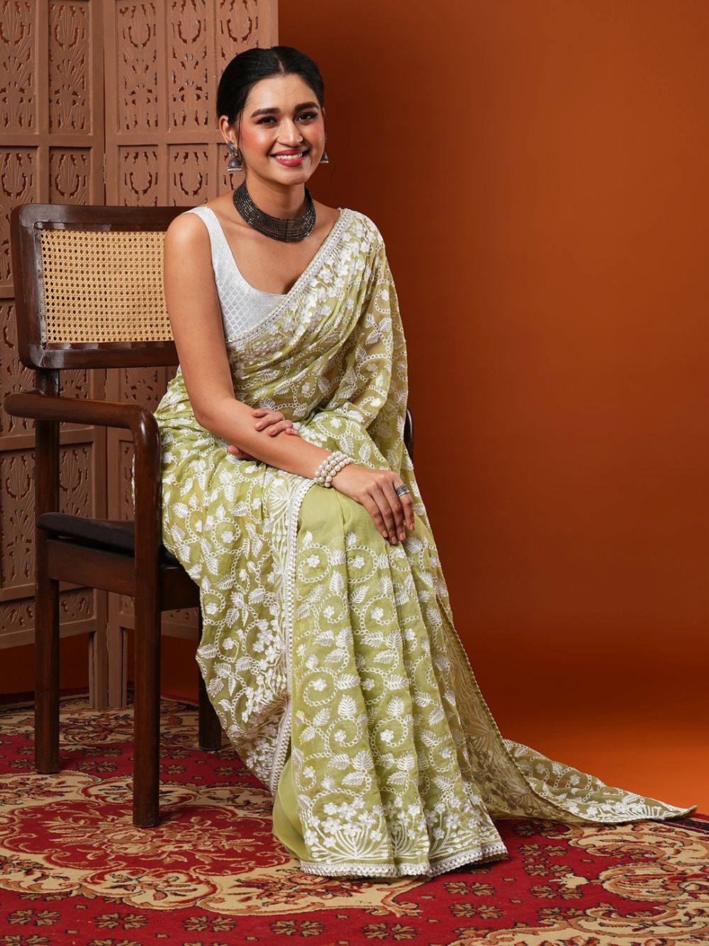 Payal Olive Embroidered Organza One Minute Saree