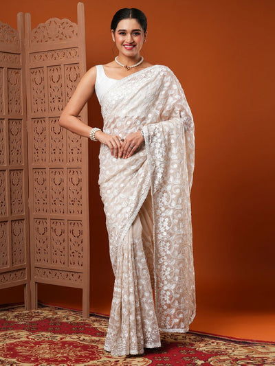 Payal Beige Embroidered Organza One Minute Saree