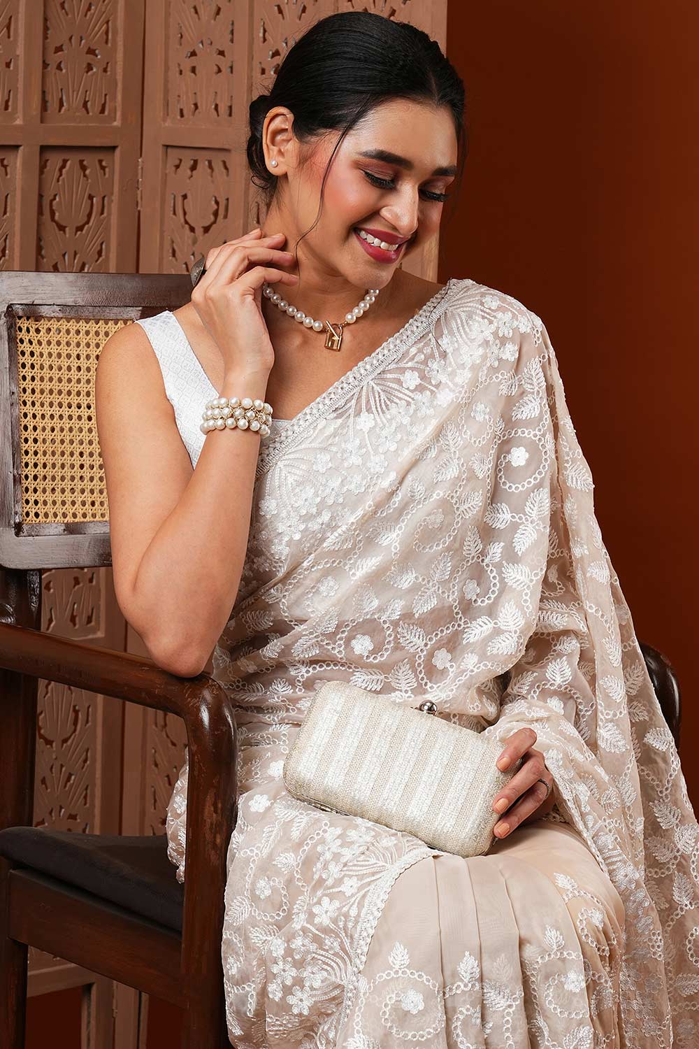 Payal Beige Embroidered Organza One Minute Saree