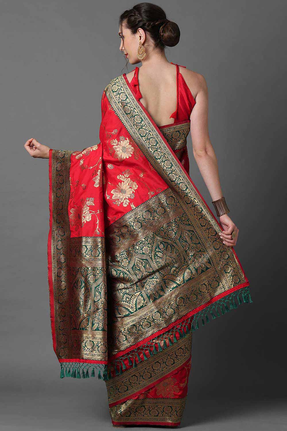 Buy Red Zari Woven Blended Silk One Minute Saree Online - Back