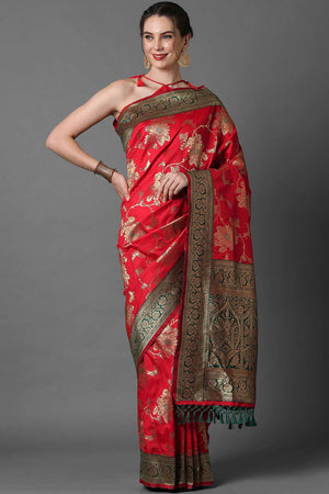Buy Red Zari Woven Blended Silk One Minute Saree Online