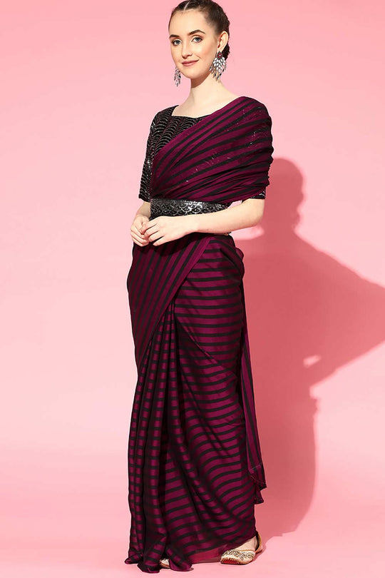 Varya Burgundy Georgette Belted One Minute Saree