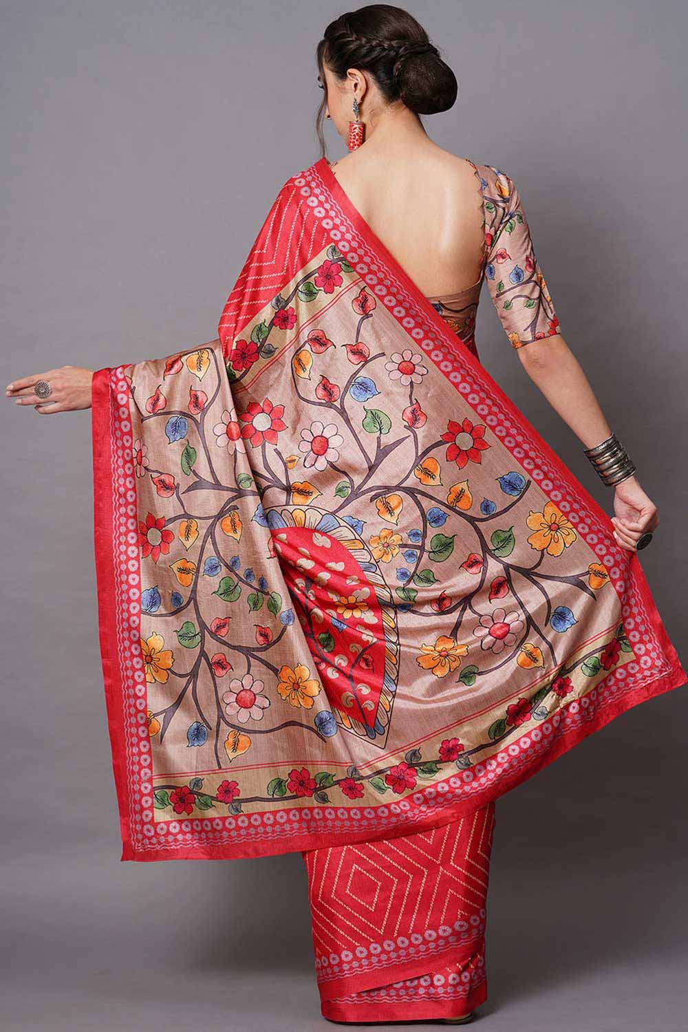 Buy Red Floral Printed Dola Art Silk One Minute Saree Online - Back