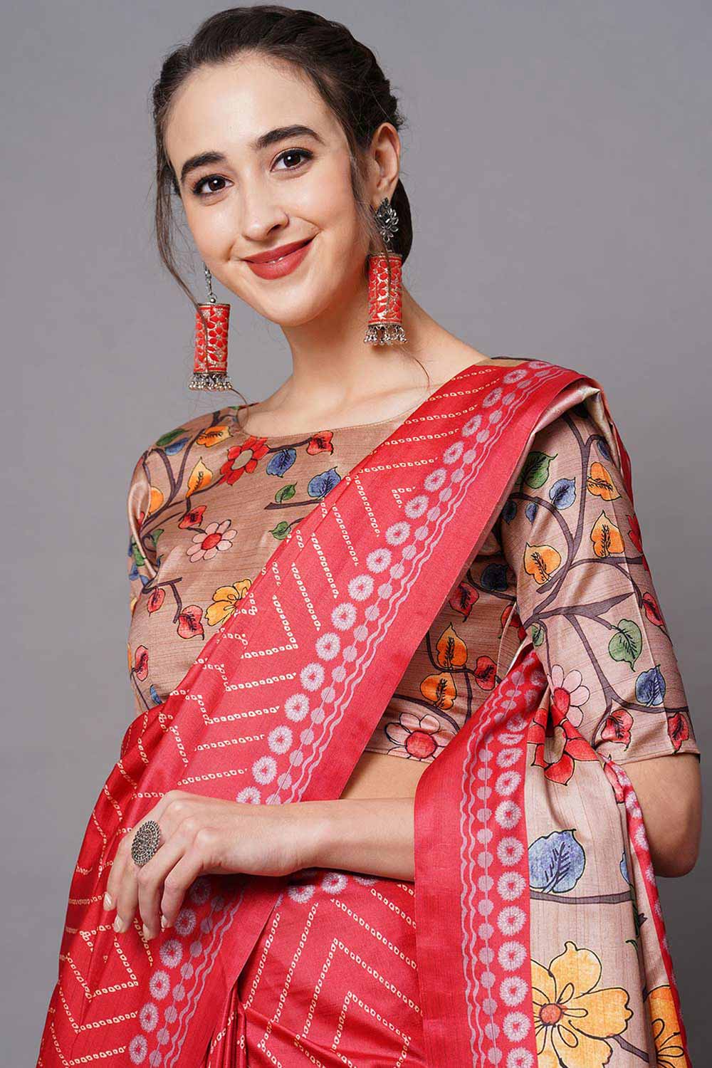 Buy Red Floral Printed Dola Art Silk One Minute Saree Online - Front