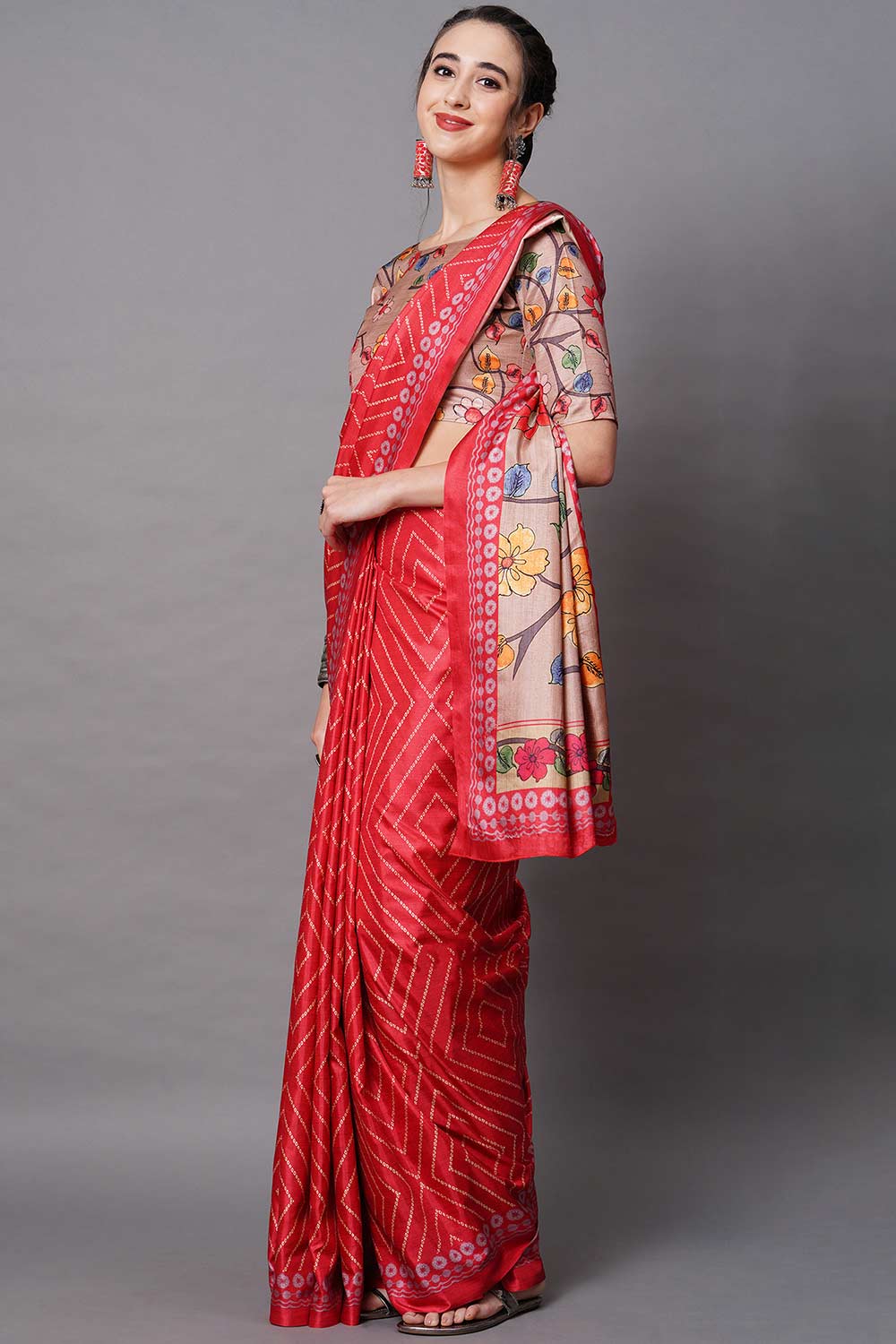 Buy Red Floral Printed Dola Art Silk One Minute Saree Online - Side