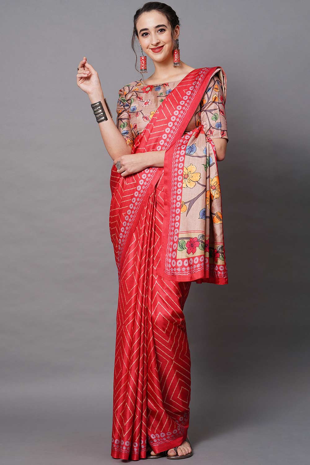 Buy Red Floral Printed Dola Art Silk One Minute Saree Online