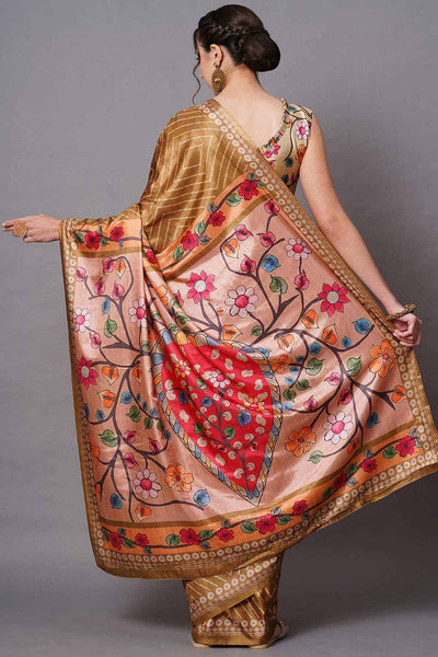 Buy Musturd Floral Printed Dola Art Silk One Minute Saree Online - Back