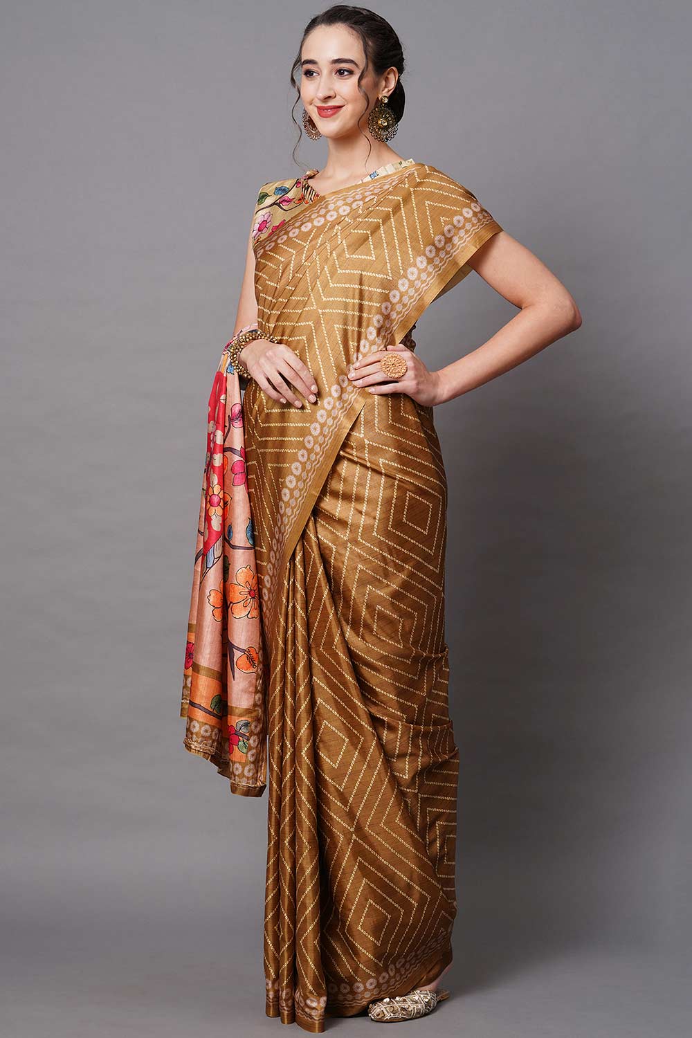 Buy Musturd Floral Printed Dola Art Silk One Minute Saree Online - Side