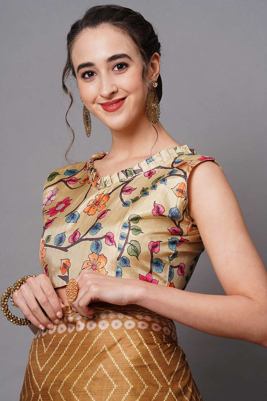 Buy Musturd Floral Printed Dola Art Silk One Minute Saree Online - Zoom Out