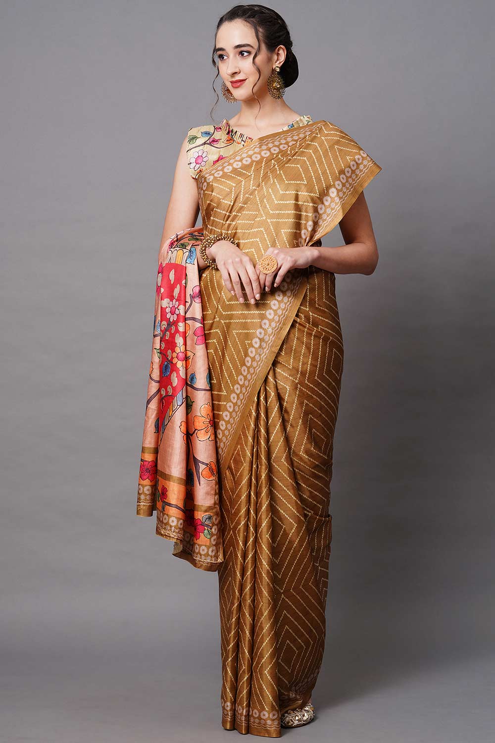 Buy Musturd Floral Printed Dola Art Silk One Minute Saree Online