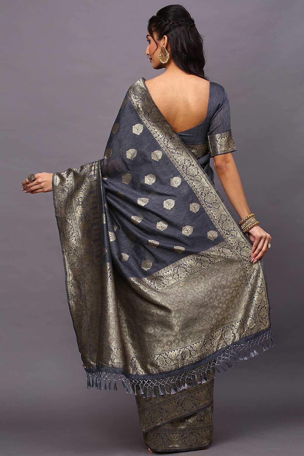 Rekha Grey Silk Blend Floral Woven Design Banarasi One Minute Saree