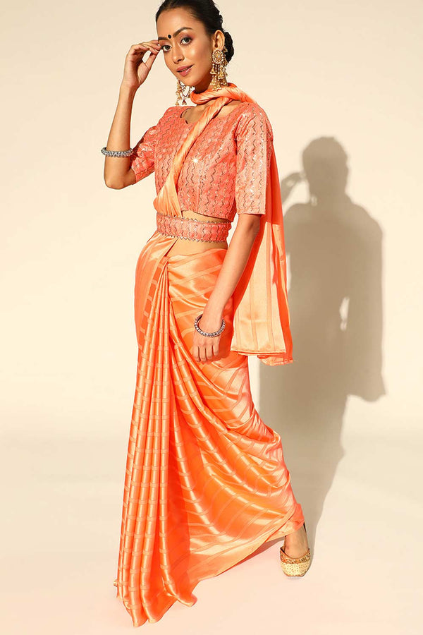 Stephi Orange Satin Stripe Embroidered One Minute Saree