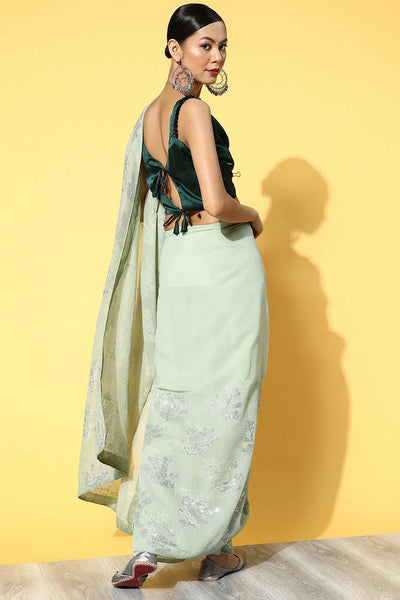 Buy Olive Georgette Solid Embroidered One Minute Saree Online - Back