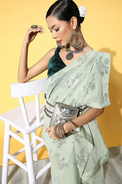 Buy Olive Georgette Solid Embroidered One Minute Saree Online - Side