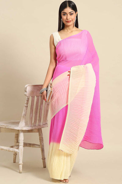 Buy Pink Crepe Pleated One Minute Saree Online