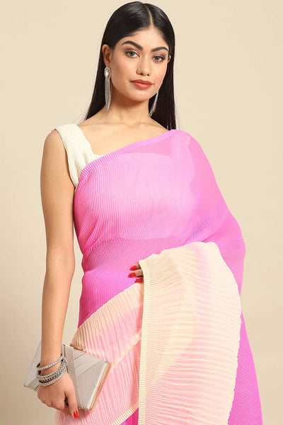Buy Pink Crepe Pleated One Minute Saree Online - Front