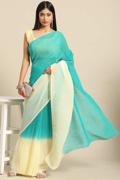 Buy Sea Green Crepe Pleated One Minute Saree Online